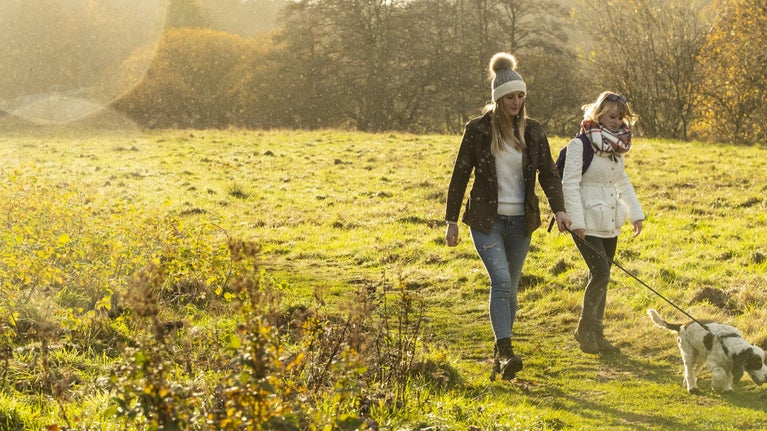 Two women in hats walking a dog through a field.